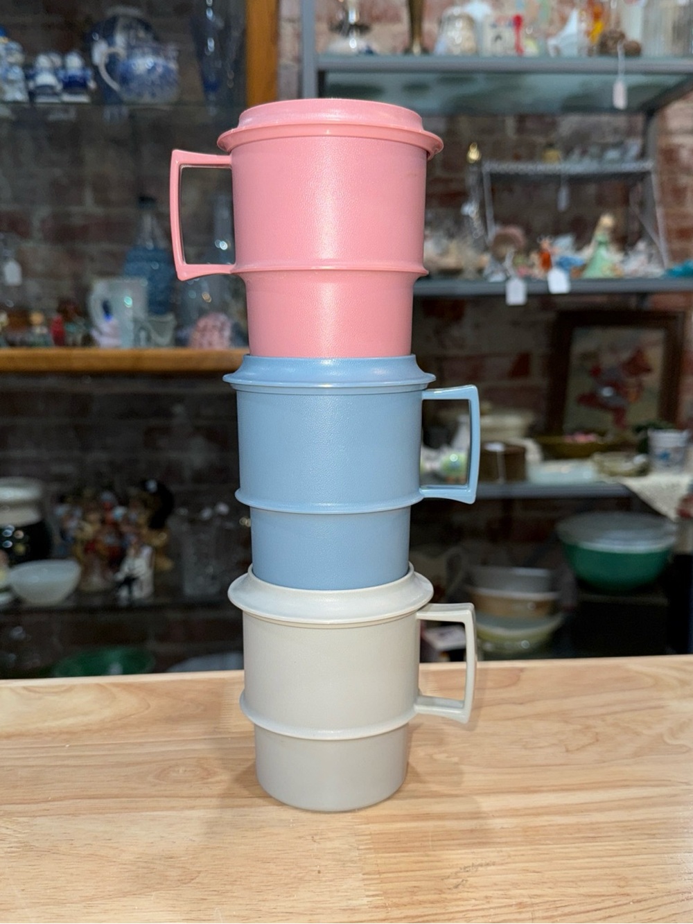 Vintage Tupperware Stackable Pink, Blue & Cream Dining Mugs - Set of 3
